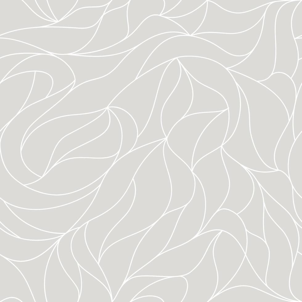 Organic petals pattern with white wavy lines and scrolls leaves on light beige background. Abstract texture in art deco style. plant ornament. Seamless design for textile, fabric and wrapping. vector