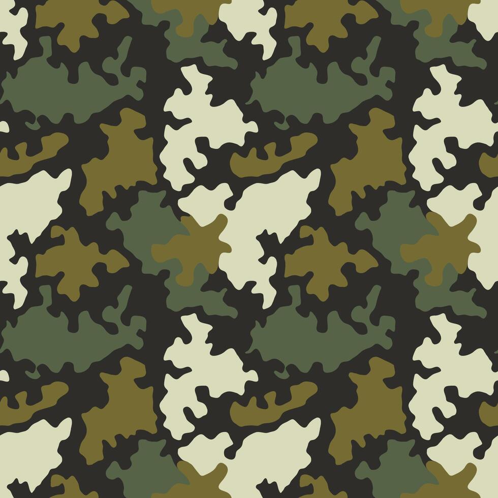 Camouflage background, seamless pattern. Classic military clothing style. Masking camo hunter print. Green brown black olive colors texture for forest and woodland vector