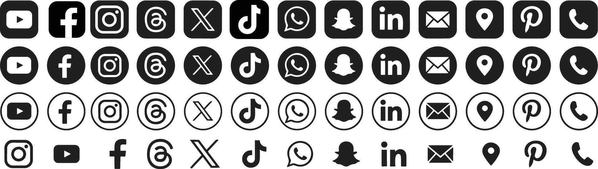 Social media logo X, Tiktok, Facebook, Instagram, YouTube, threads, Instagram, snapchat, LinkedIn, Email, WhatsApp, location app, Pinterest, phone call, twitter set vector