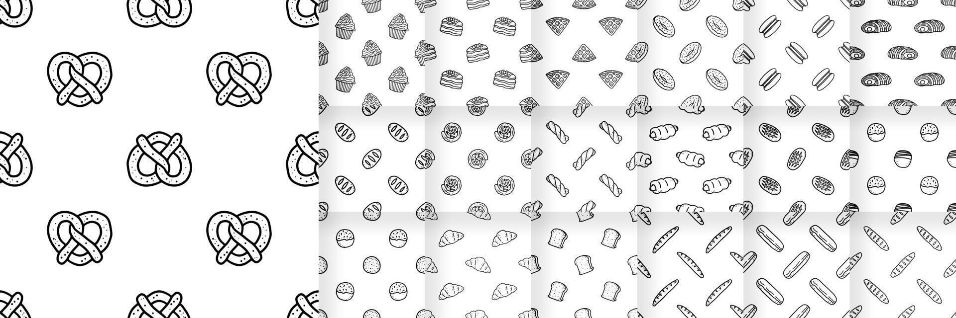 Set of Black and White Cartoon doodle bread bakery seamless pattern background vector
