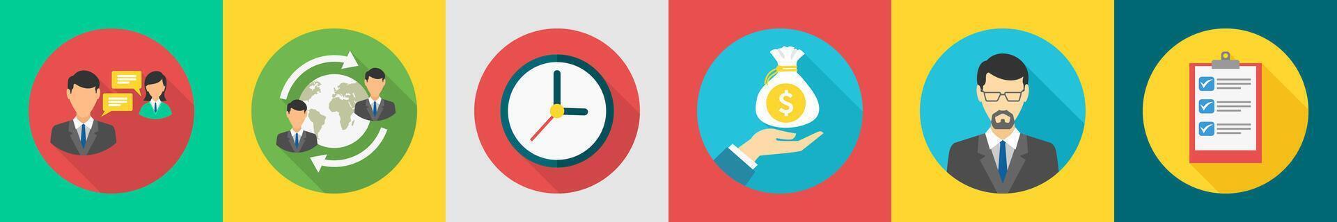 A set of 6 Business icons as discussion, global business, clock vector