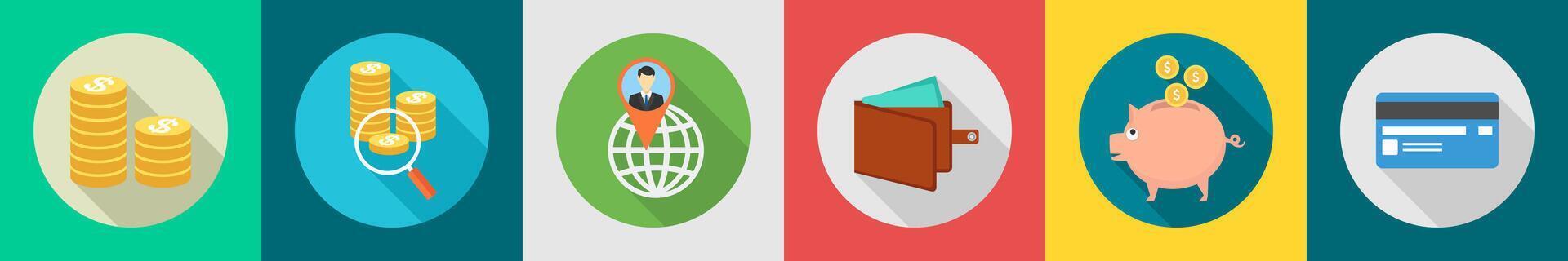 A set of 6 Business icons as funds, search money, global location vector