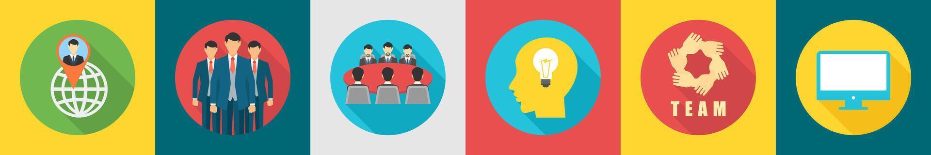 A set of 6 Business icons as global location, business team, conference meeting vector