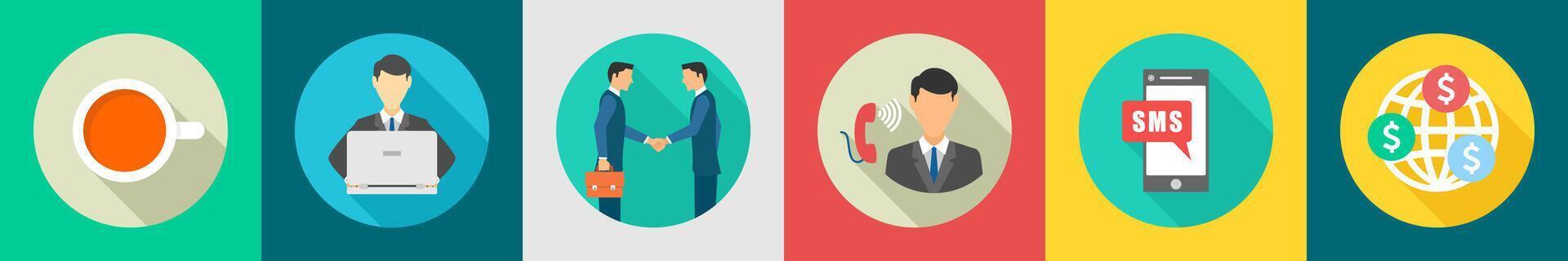 A set of 6 Business icons as tea break, office work, partnership vector