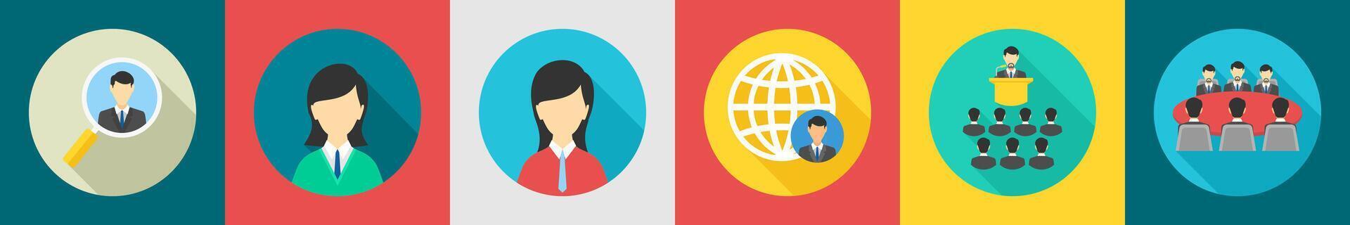 A set of 6 Business icons as search client, female employee, global business vector