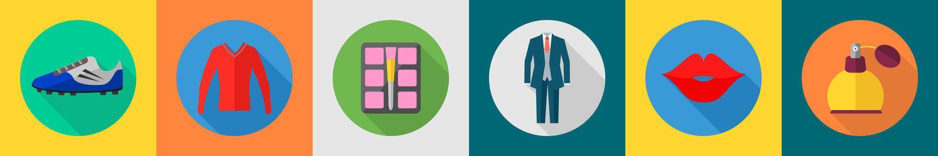A set of 6 Clothes icons as skate shoe, sweater, makeup palette vector