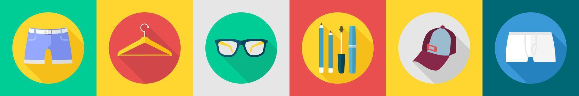 A set of 6 Clothes icons as shorts, hanger, glasses vector