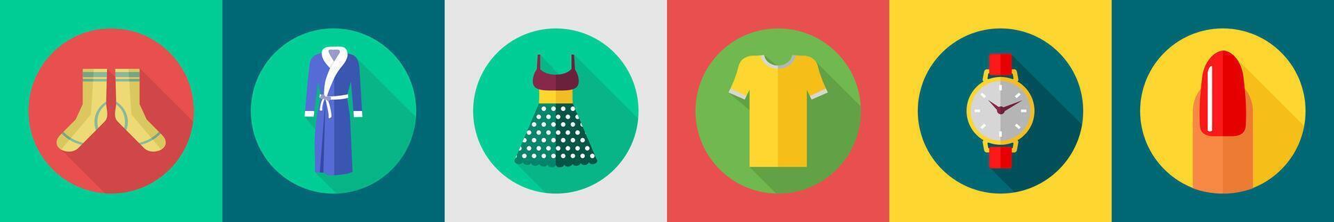 A set of 6 Clothes icons as socks, bathrobe, frock vector