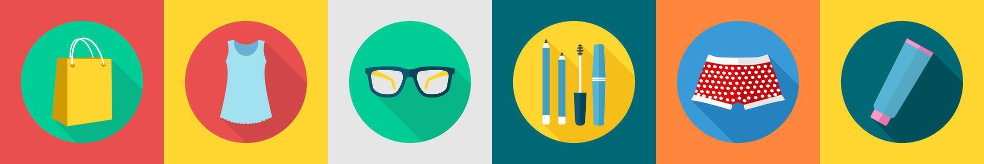 A set of 6 Clothes icons as shopping bag, dress, glasses vector