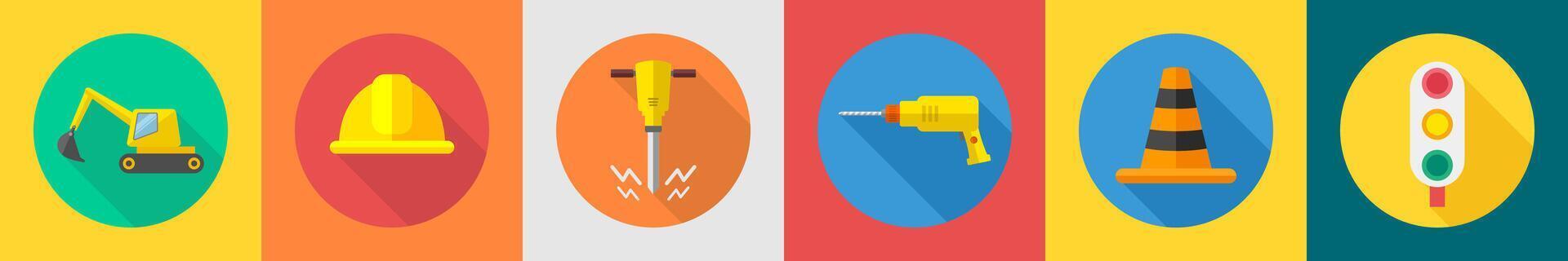A set of 6 construction icons as bulldozer, construction cap, jack hammer vector