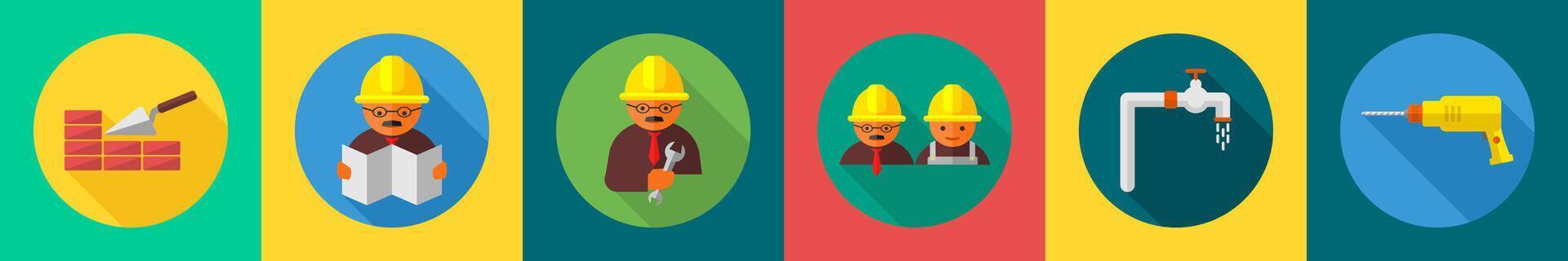 A set of 6 construction icons as brick wall, architect, constructor vector