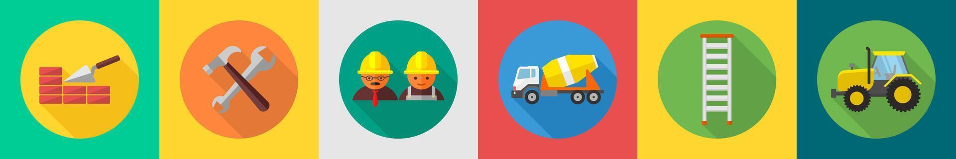 A set of 6 construction icons as brick wall, repair tools, constructor vector