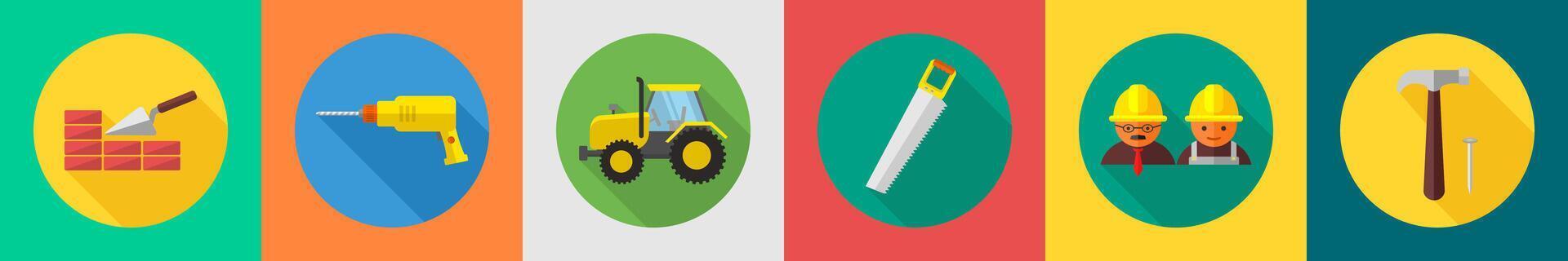 A set of 6 construction icons as brick wall, drill machine, hand saw vector
