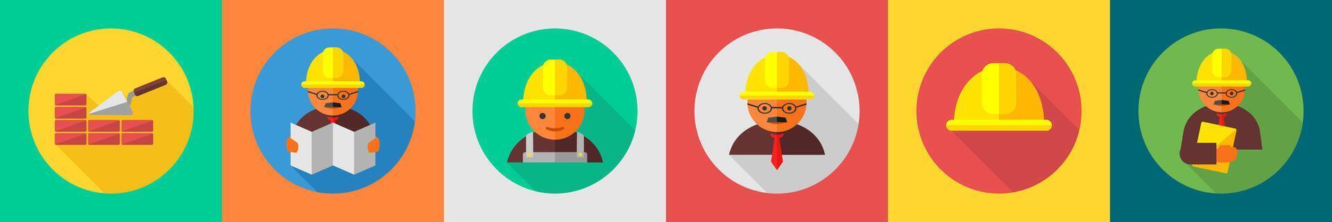 A set of 6 construction icons as brick wall, architect, construction cap vector