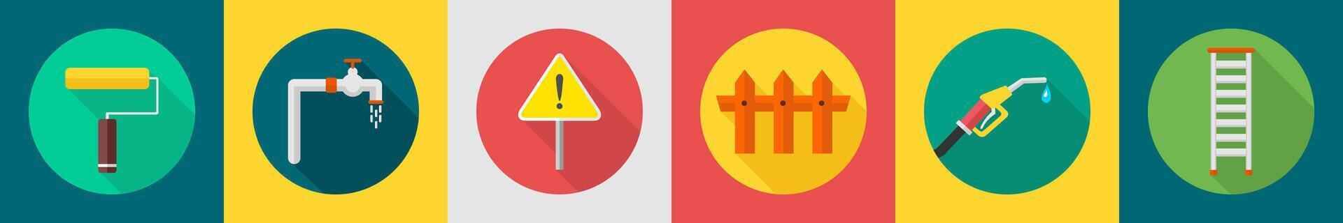 A set of 6 construction icons as paint roller, tap, alert vector