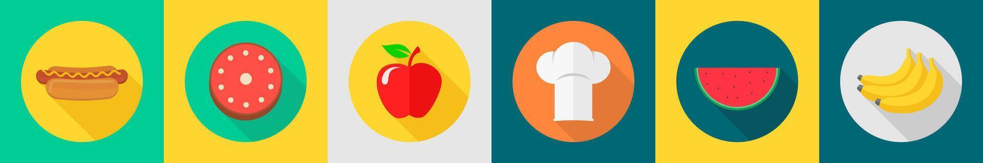 A set of 6 Food icons as hot dog, cake, apple vector