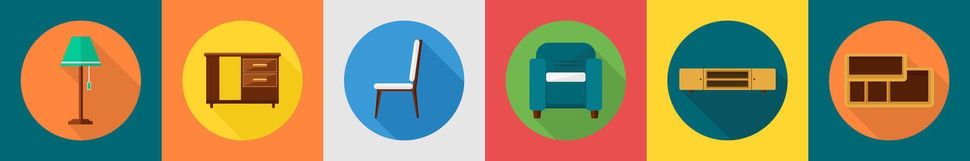 A set of 6 furniture icons as table lamp, office table, chair vector