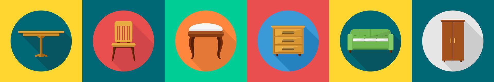 A set of 6 furniture icons as table, chair, wood stool, drawers vector