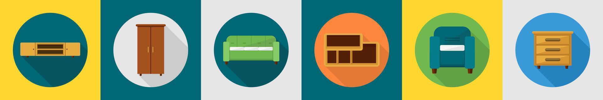 A set of 6 furniture icons as drawers, almirah, three seat sofa vector