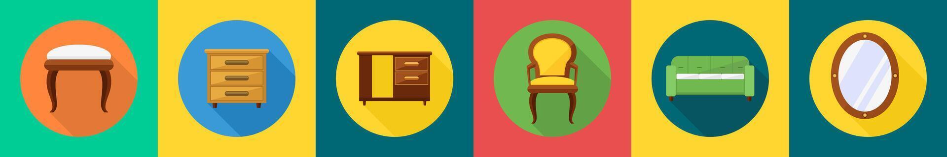 A set of 6 furniture icons as wood stool, drawers, office table vector