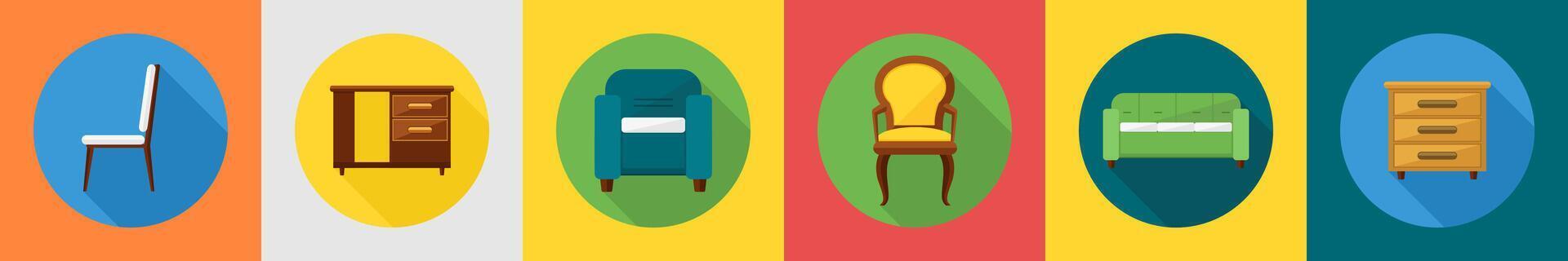 A set of 6 furniture icons as chair, office table, sofa vector