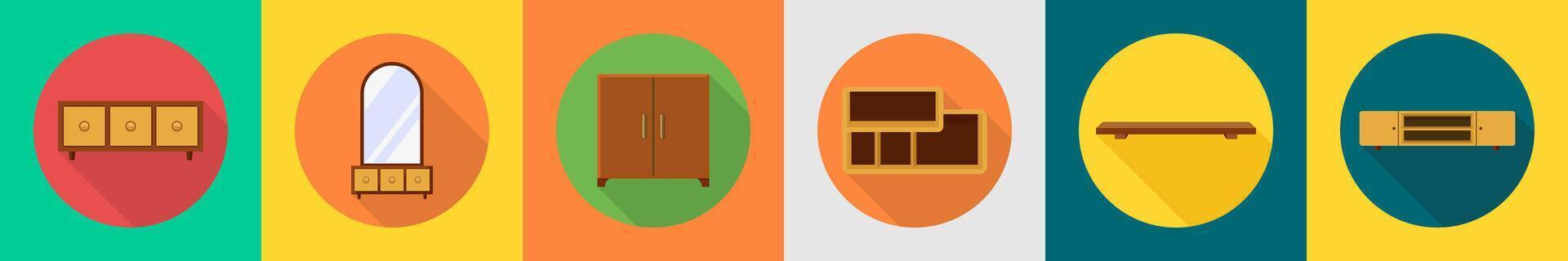 A set of 6 furniture icons as drawers, dressing table, almirah vector