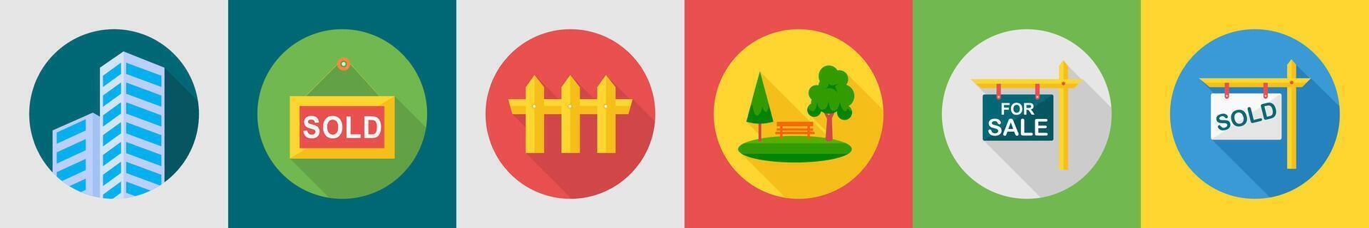 A set of 6 Real Estate icons as building, sale board, fence vector
