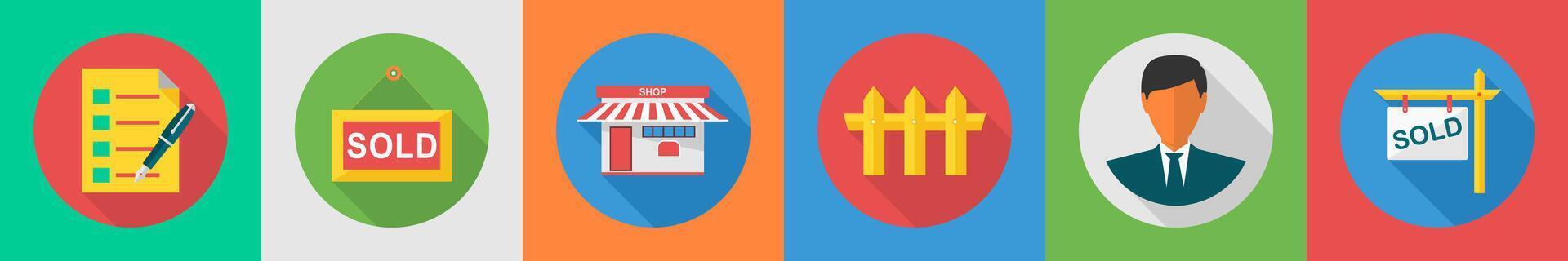 A set of 6 Real Estate icons as list, sale board, shop vector
