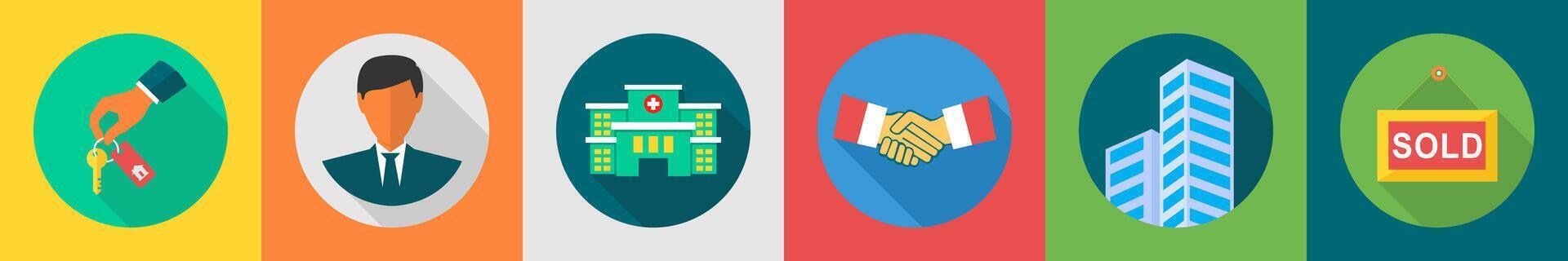 A set of 6 Real Estate icons as home keys, manager, hospital vector