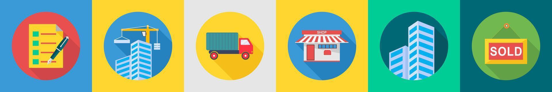 A set of 6 Real Estate icons as list, building, truck vector