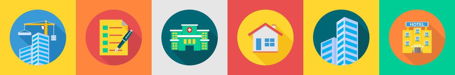 A set of 6 Real Estate icons as building, list, hospital vector