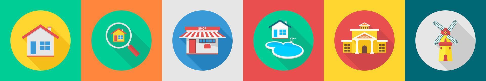A set of 6 Real Estate icons as real estate, search home, shop vector
