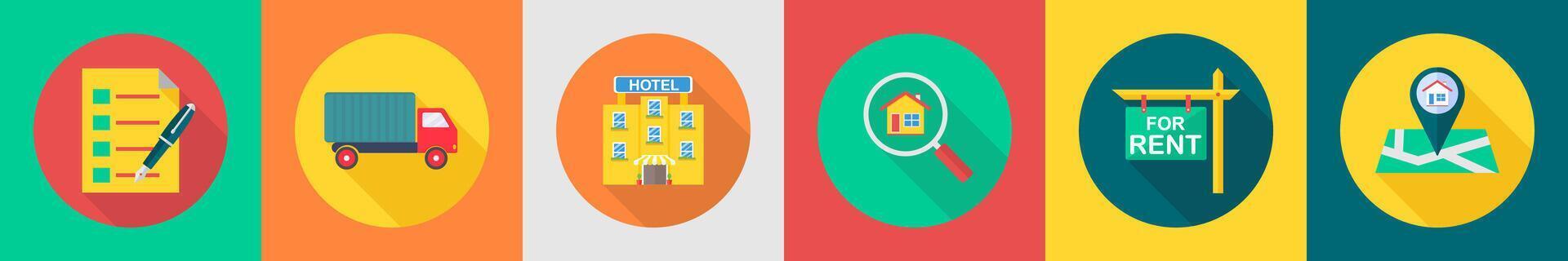 A set of 6 Real Estate icons as list, truck, hotel vector