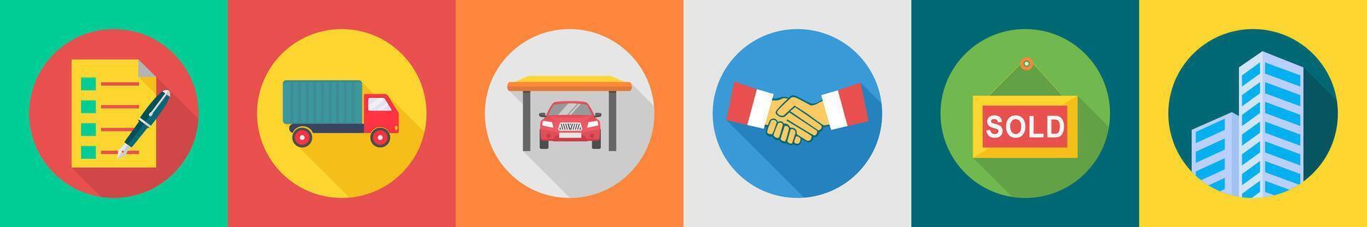 A set of 6 Real Estate icons as list, truck, garage vector
