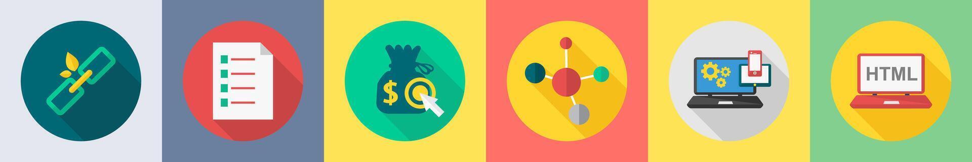 A set of 6 SEO icons as link, list, pay per click, network vector
