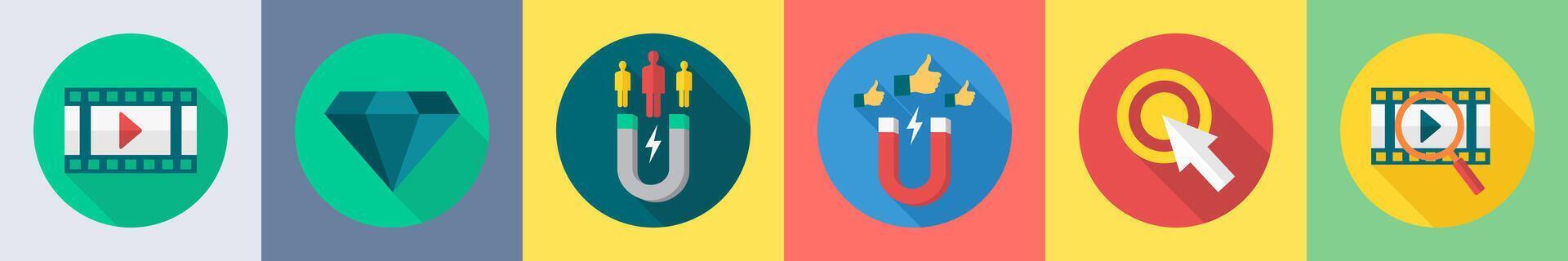 A set of 6 SEO icons as clip, gem, attract customer vector