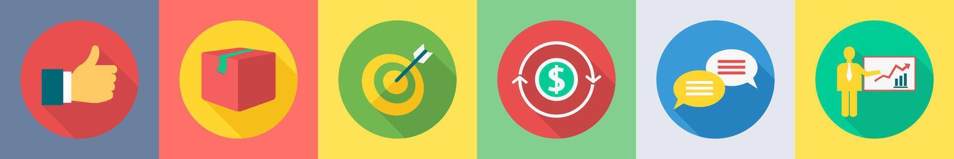 A set of 6 SEO icons as thumbs up, parcel, target vector