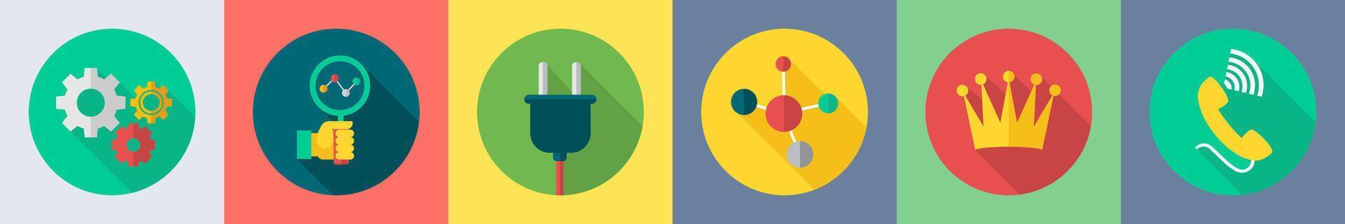 A set of 6 SEO icons as settings, search analytics, socket vector