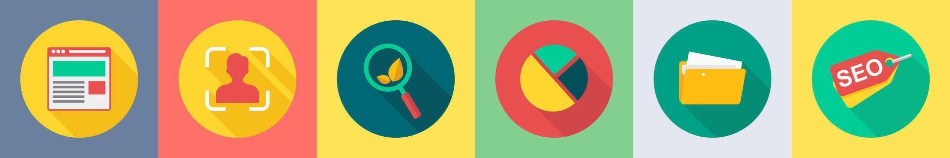 A set of 6 SEO icons as webpage, focus, eco search vector
