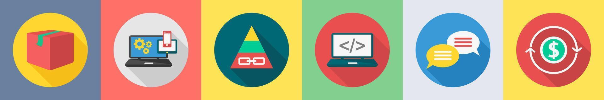 A set of 6 SEO icons as parcel, responsive, pyramid vector