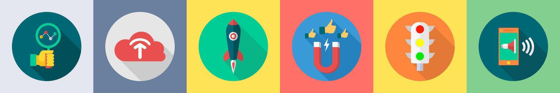 A set of 6 SEO icons as search analytics, cloud upload, start up vector