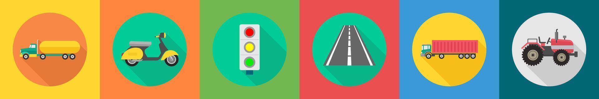A set of 6 transport icons as lorry truck, scooter, traffic light vector