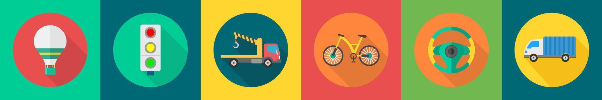 A set of 6 transport icons as parachute, traffic light, tow truck vector