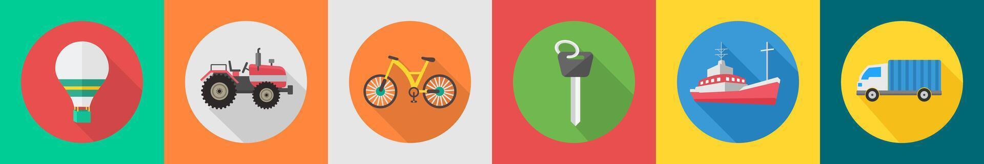 A set of 6 transport icons as parachute, tractor, bicycle vector