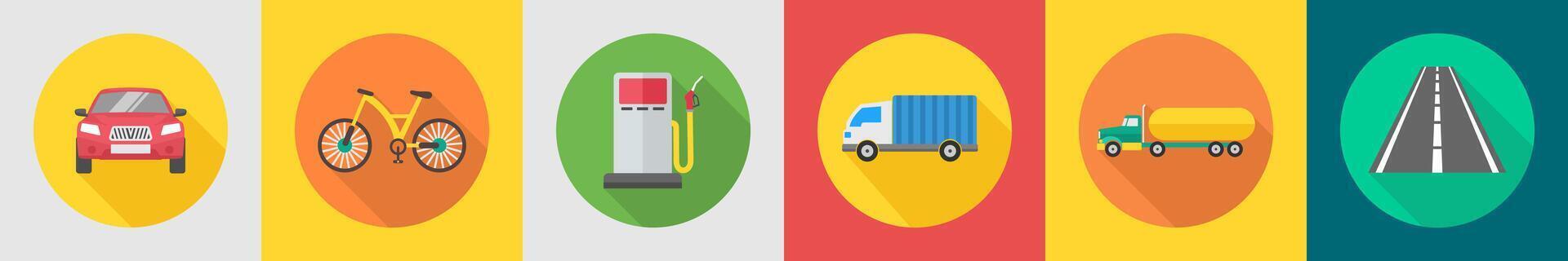 A set of 6 transport icons as car, bicycle, fuel vector