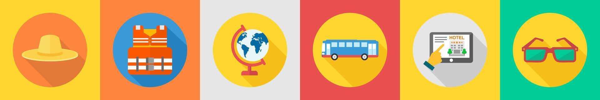 A set of 6 travel icons as hat, life jacket, globe vector