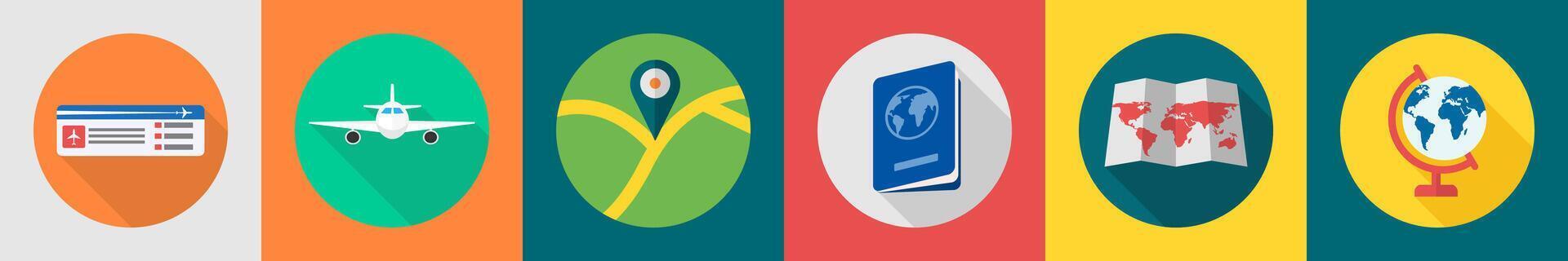 A set of 6 travel icons as plane ticket, plane, location vector