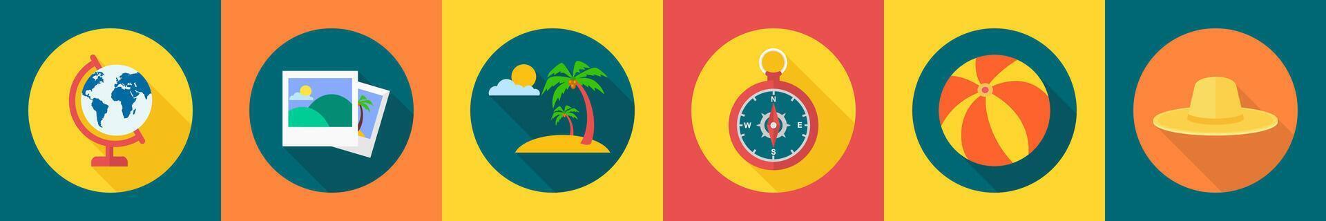 A set of 6 travel icons as globe, pictures, beach vector