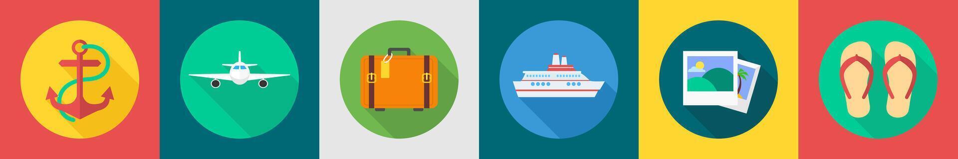 A set of 6 travel icons as anchor, plane, suitcase vector