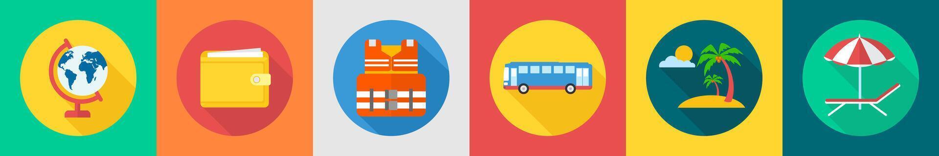 A set of 6 travel icons as globe, wallet, life jacket vector